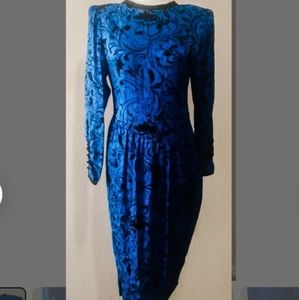 Silk Studio 1980s Cocktail Dress- Black Floral Like Design- Asymetrical